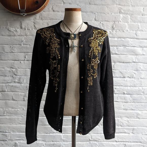 Vintage Black Knit Cardigan Gold Beaded Sweater Glam Goth Granny Chic Top Small - Picture 1 of 7